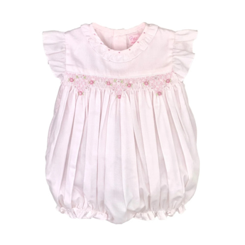 Petit Ami Pink Floral Diamond Smocked Bubble with Ruffle Collar