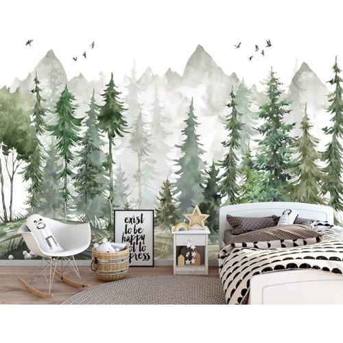 Forest Wallpaper Watercolor Green Woodland Mural Wallpaper for Nursery Room (Not Peel n' Stick)