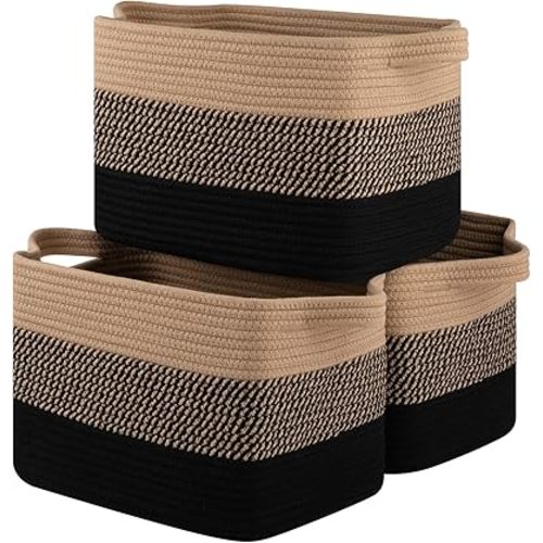 Storage Basket for Organizing, Woven Baskets for Storage, Rectangle Decorative Baskets for Shleves, Closet, Toys, Books, Nursery Organizer Bins - Pack of 3 (Black & Brown)