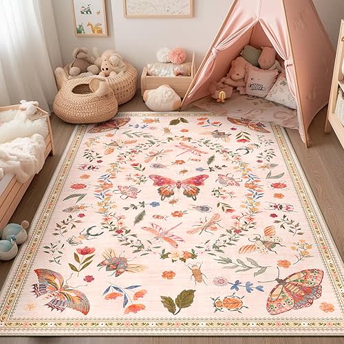 5x7 Butterfly Area Rugs for Living Room Low Pile Print Washable Rugs for Nursery Bedroom Colorful Insect Rugs Kids Room Soft Decor Water Repellent Non Slip Carpet Office Orangepink