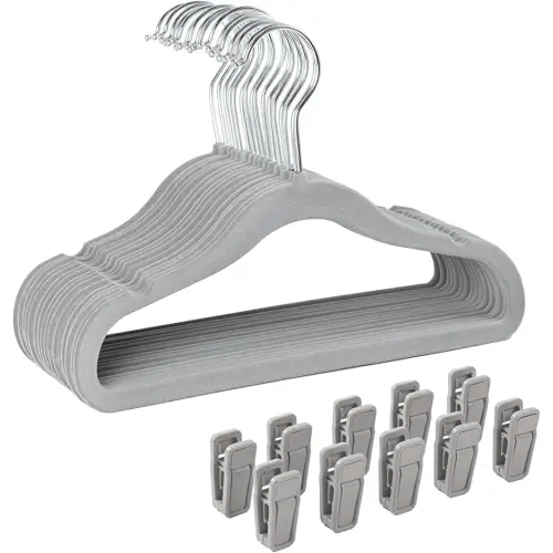 Finnhomy Non-Slip Clothes Hangers for Baby and Kids 30-Pack Velvet Hangers with 10 Finger Clips, Gray