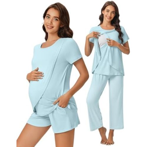 Ekouaer 3 PCS Maternity Nursing Pajamas Set Postpartum Breastfeeding Short Sleeve Shirts, Pregnancy Shorts & Pants Pjs S-XXL