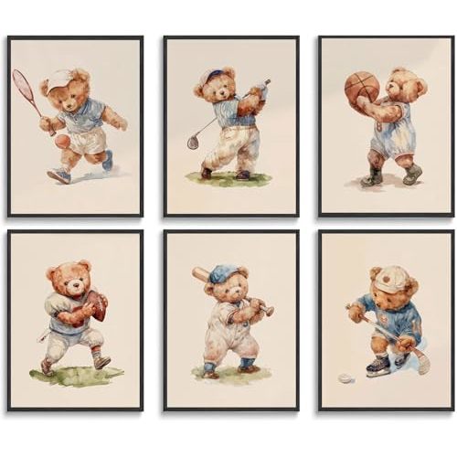 6Pcs Teddy Bear Sports Wall Art Vintage Cute Animal Wall Decor Pictures Basketball Rugby Baseball Kids Room Posters Prints for Children Bedroom Nursery Boy-Room Decoration Unframed