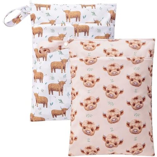 2pcs Waterproof Wet Bag for Baby, Cloth Diapers, Pump Parts with Two Zippered Pockets & Handle, Travel wet dry bag For swimsuit and towels, Beach Pool Daycare, Gym Clothes, Toiletry (Highland Cows 2)