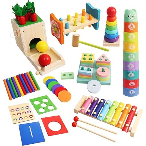 Montessori Toys for Babies 18 Months, 8 in 1 Wooden Educational Learning Toys Set for 2 Year Old with Wooden Educational Shape Puzzle, Baby Stacking Nesting Cups, Hammer Toy