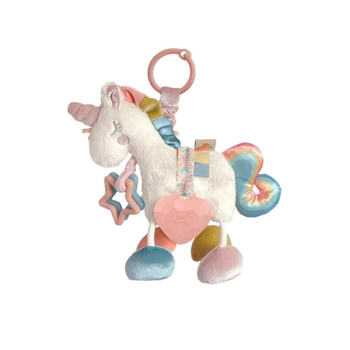 Itzy Ritzy Link & Love Toy for Stroller or Car Seat; Features Textured Ribbons, Crinkle Sounds, Clinking Rings & Silicone Teether; Designed For Ages 0 Months and Up (Unicorn)