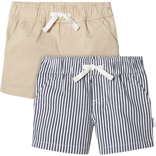 Gerber Baby Toddler Unisex Stretch Chino Shorts, Navy Stripe/Khaki, 0-3 Months
