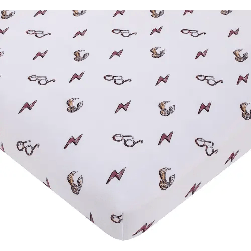 Warner Brothers Harry Potter White, Red, and Gold Lightning Bolt, Golden Snitch and Glasses Nursery Fitted Mini Crib Sheet