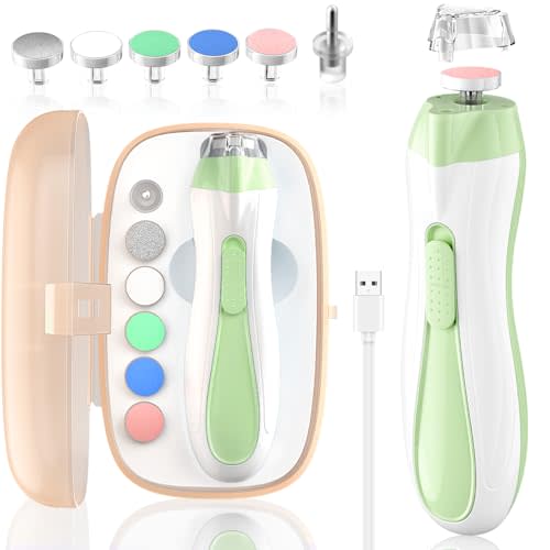 Baby Nail File Electric Baby Nail Care Set with LED Light, Baby Nail Clipper Electric for Newborn/Infants/Adults Toenails and Fingernails, 7 Grinding Head Replacement Pads, Green