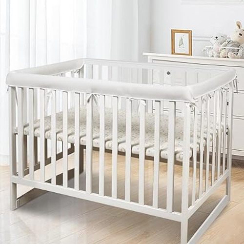 3 in 1 Crib Rail Covers for Teething,Soft Breathable Mesh Liner Anti-Collision Strip Corner Cover, Crib Teething Cover, Rail Edge Protector Strip(2025 New) (White)