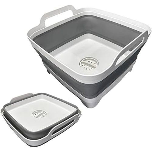 Collapsible Wash Basin, Space-Saving for Small Kitchen,Camping, RVs, Lightweight Collapsible Dish Pan 2.4 Gallons Foldable Handy Dish Tub with Drain and Handle