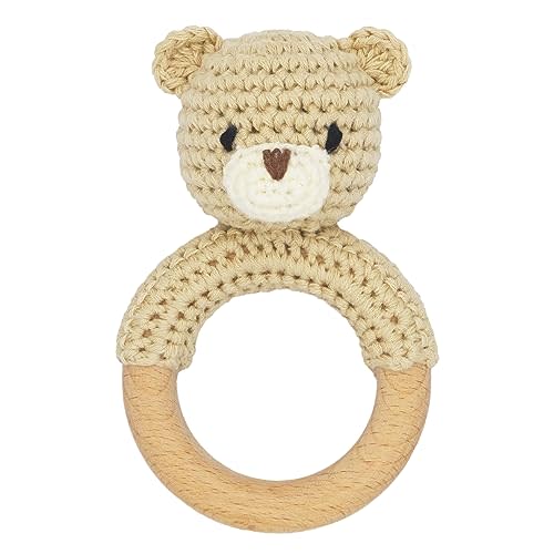 Joliecraft Safari Animals Wooden Baby Rattle Toys Stuffed Crochet Rattle with Teether Ring for Newborn, Beige Bear