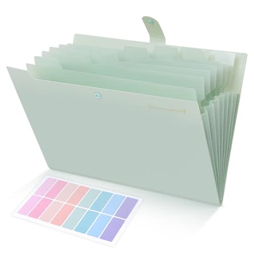 SKYDUE Expanding File Folder, Accordion File Organizer with 8 Pocket, Expandable Document Paper Receipt Holder for School Office Hospital, Letter/A4 Size Light Green