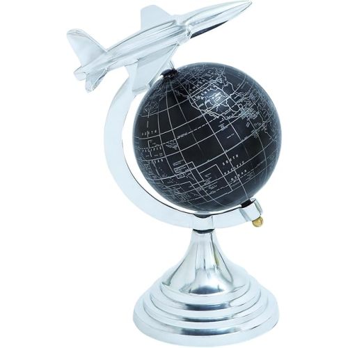 Deco 79 Aluminum Airplane World Map Globe, 8" x 8" x 12", Silver