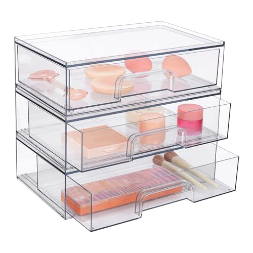 Vtopmart 12''W Clear Stackable Storage Drawers,3 Pack Acrylic Plastic Organizers Bins for Makeup Palettes, Cosmetics, and Beauty Supplies,Ideal for Vanity, Bathroom,Cabinet,Desk Organization