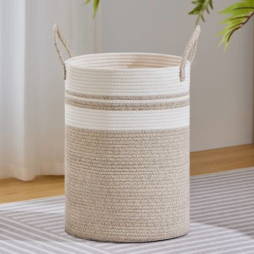 Amazon.com: VIPOSCO Large Laundry Hamper, Tall Woven Rope Storage Basket for Blanket, Toys, Dirty Clothes in Living Room, Bathroom, Bedroom - 58L White & Brown : Home & Kitchen