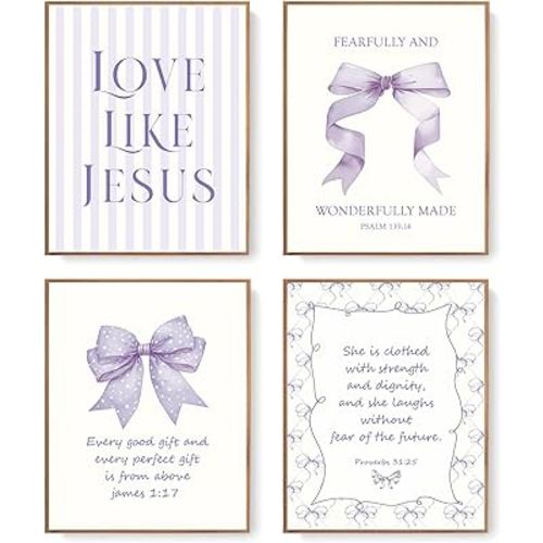 Amazon.com: LARTSFRO Coquette Purple Bow Jesus Wall Art Decor Posters, Purple Bow Room Bedroom Bathroom Wall Art Decor Aesthetic for Teen Girls Gifts, Inspirational Bible Verses Bow Wall Decor, 10x8 Inch Set of 4 Bow Pictures Unframed: Posters & Prints
