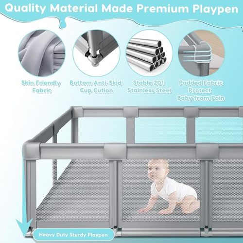 74" ×50" Large Baby Playpen, Baby Playard for Babies and Toddlers, Baby Fence Play Pens for Indoor & Outdoor, Sturdy Safety Play Yard with Soft Breathable Mesh, Anti-Fall, Grey - 74*50 IN