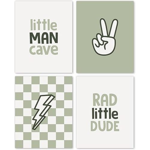 Hxlac Preppy Boho Nursery Boy Wall Art Prints Set of 4 UNFRAMED - Boys Room Playroom Wall Decor, Sage Green Boho Nursery Wall Decor for Toddler Baby Boy Room Decor (8x10 Inches)