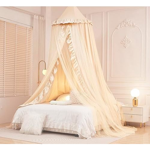 Mengersi Bed Canopy for Girls Kids,Double Canopy Bed Curtains Round Dome Mosquito Net Castle Play Tent Castle for Girls Room Decor (Ivory/Double)