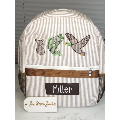 Personalized seersucker backpack, hunting embroidery backpack, boy birthday gift, boy diaper bag, baby shower gift