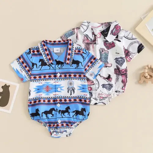 Western Baby Boy Clothes Horse Boots Print Shirt Romper Shor - TikTok Shop
