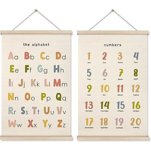 HRQKO Boho Alphabet Numbers Poster Hanger Frame Set of 2, Classroom Wall Decor, Abc Poster Wall Art with Wooden Frames, Alphabet Banner Wall Hanging Decor for Toddler Playroom Nursery, 16x24 inch