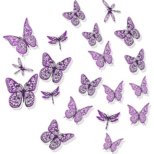 Butterfly Decorations Dragonfly Wall Stickers, 48 Pcs Metal Wall Art for Bedroom Living Room (Purple)