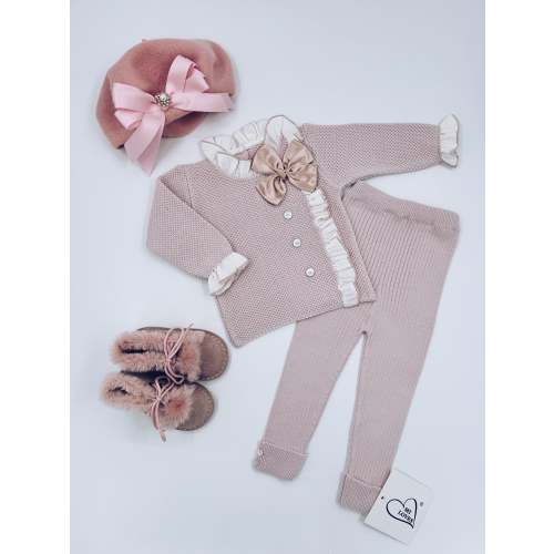 MI LOVES Signature Beautiful Dusty Pink knitted ribbed leggings 2 piece set with Dusty Pink bow and frill details.