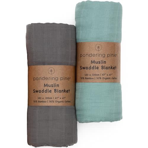 Organic Baby Muslin Swaddle Blankets - Solid Grey and Blue Swaddle Blanket 2 Pack - Soft Organic Cotton and Natural Bamboo Muslin, XLarge and Breathable, 47" X 47"