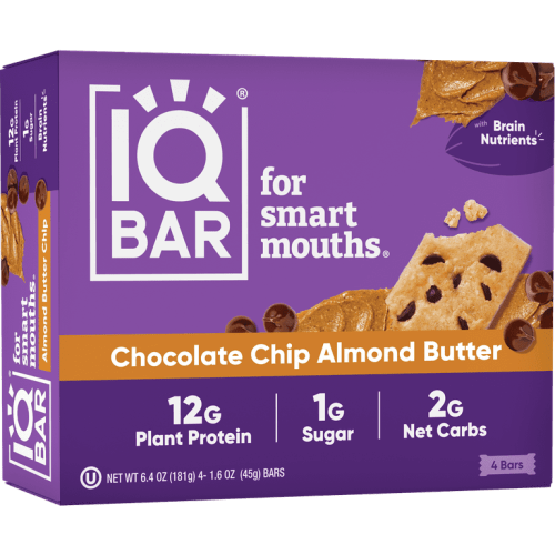 IQBAR Chocolate Chip Almond Butter Protein Bars - Vegan Energy Bars - High-Fiber Vegan Snacks - 4 Count Box
