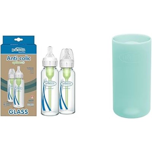 Dr. Brown's Natural Flow Anti-Colic Options+ Narrow Glass Baby Bottle 8 oz/250 mL 2 Pack with Level 1 Slow Flow Nipple and Silicone Sleeves for Glass Bottles, Mint