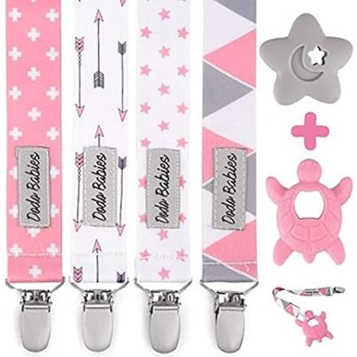Dodo Babies Pacifier Clip & Teether Toy Set - Four Clips Plus Two Silicone Teether Toys - Universal Holder Fits Most Paci Brands - Fun Pink and Gray Prints for Girls or Boys
