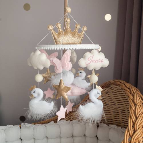 Swan baby mobile for girl, Princess softpink nursery mobile, Felt crib butterfly mobile, Swan nursery decor, Baby shower gift, New baby gift