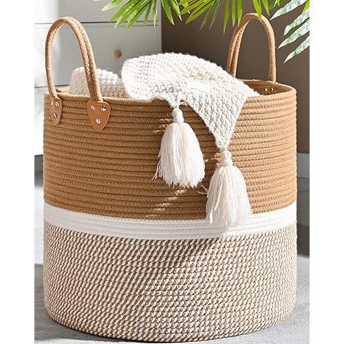 KAKAMAY Large Blanket Basket (18"x18"x16"),Woven Baby Laundry Hamper for Storage, Cotton Rope Blankets Baskets for Nursery, Laundry, Living Room, Pillows, Baby Toy chest with Handles (Brown)