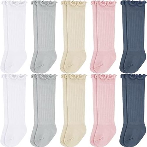 Mepase 10 Pairs Long Preemie Socks Premature Newborn Baby Socks Knee Cotton Socks for Girls Boys Infant Toddler(White, Pink. Gray, Blue, Beige, Preemie)