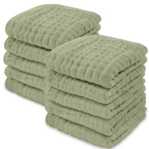 Baby Washcloths Muslin Cotton, Large 10”x10” by Comfy Cubs, Color: Sage, Size: pack of 10