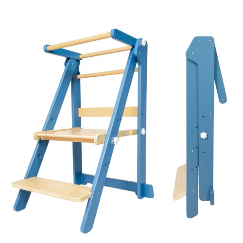 Foldable Toddler Learning Standing Tower, WOOD CITY Montessori Kitchen Step Stool Helper with 3 Adjustable Heights Learning Kitchen Tower for Counter and Bathroom Sink (Natural-Sky Blue)
