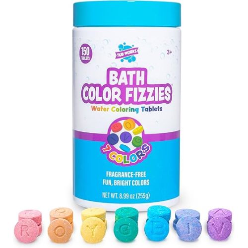 Tub Works® Bath Color Fizzies, 150 Count | Nontoxic & Fragrance-Free | Fizzy, Bath Color Tablets for Kids | Create Fun Bath Colors | Water Tablets in 7 Colors for Variety | Bath Bombs for Kids Bath