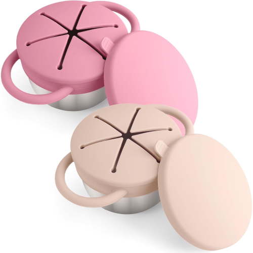 Gofinoday 2 Pack Toddler Snack Cups - 9oz Spill-Proof Stainless Steel Containers with Removable Handles & Silicone Catcher,3-in-1 Travel Snack Bowls,Dishwasher Safe, Food Grade