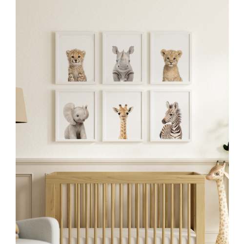 Baby Safari Animals Nursery Decor - African Animals Set of 6 Prints - 12x16 · White Frame - African Animals Set of 6 Prints – The Crown Prints
