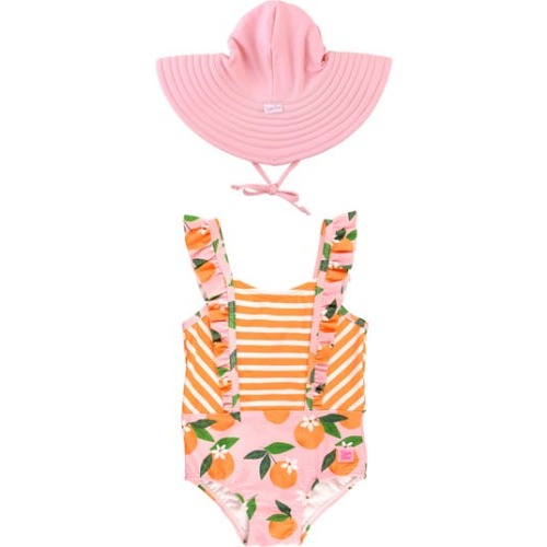 Orange Pinafore One-Piece Swimsuit & Hat Set, 3-6 M