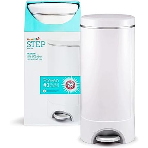Munchkin® Step Diaper Pail Powered by Arm & Hammer, #1 in Odor Control, Award-Winning, Includes 1 Refill Ring and 1 Snap, Seal & toss Bag