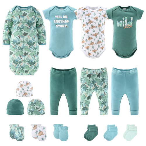 The Peanutshell Newborn Layette Gift Set for Baby Boys or Girls, Blue Green Wild Jungle, 16 Essential Pieces, 0-3 Months