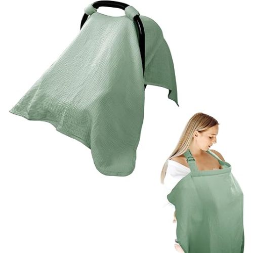 Hooyax 2-in-1 Baby Car Seat Cover & Nursing Cover, 100% Muslin Cotton, Breathable Car Seat Canopy and Privacy Breastfeeding Cover, Green