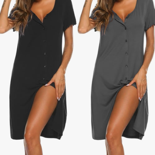 Ekouaer 2 Pack Nightgowns for Women Button Down Night Shirts Short Sleeve Sleep Shirts V Neck Sleepwear Pajama Dress