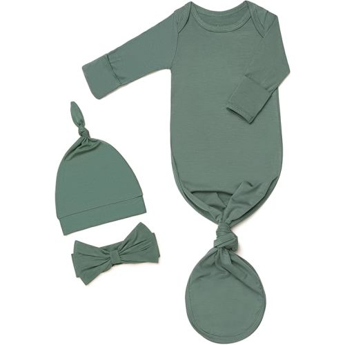Knotted Gown Baby Newborn Hospital Outfit, Modal Infant Sleeper Gowns with Mittens, Bow and Hat Set, Nightgowns 0-3 Months