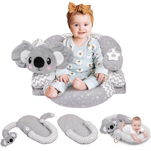 4 in 1 Tummy Time Mat & Seated Support Pillows, Play Mat, Sitting Support for Newborn 0-12 Months, Infant Baby Sit Me Up Floor Seat, Sensory Development Gifts Tummy Time Play Toys, Koala