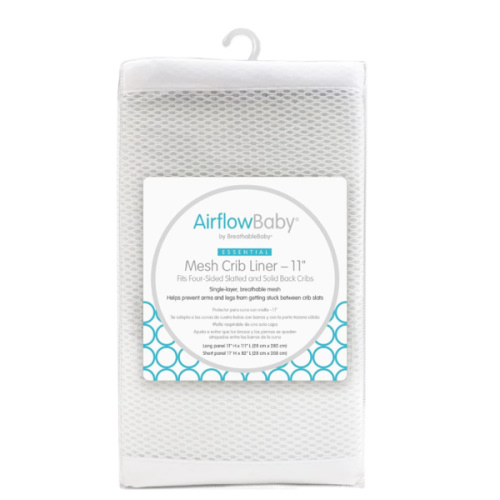AirflowBaby by BreathableBaby, Breathable Mesh Liner for Cribs with 52"x28" (132x70cm) Mattress, White, Essential 2mm Mesh, 11" H (28cm) Style Covers 3 or 4 Sides, Safety Tested (Not for Mini Cribs)