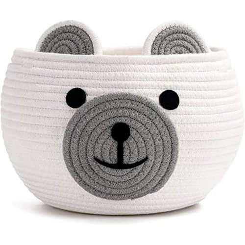 CherryNow Cotton Rope Baby Basket for Nursery, Bear Gift Baskets for Kids, Empty Baby Shower Basket with Handles, Small Cute Animal Baskets, White, 10.5"D x 8.5"H